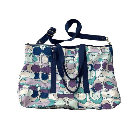 Coach Kyra White Green Blue Logo Printed Dual Top Handle Large Tote Bag - Picture 1 of 12